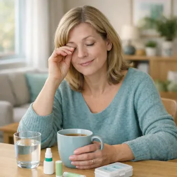 Vrouw met de ziekte van Sjögren die in haar ogen wrijft vanwege droogheid, zittend aan tafel met oogdruppels, medicijnen en een glas water.